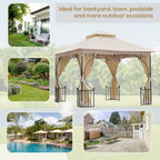 Outsunny 3 x 3(m) Garden Gazebo Patio Party Tent Shelter Outdoor Canopy Double Tier Sun Shade Metal Frame Netting, Beige