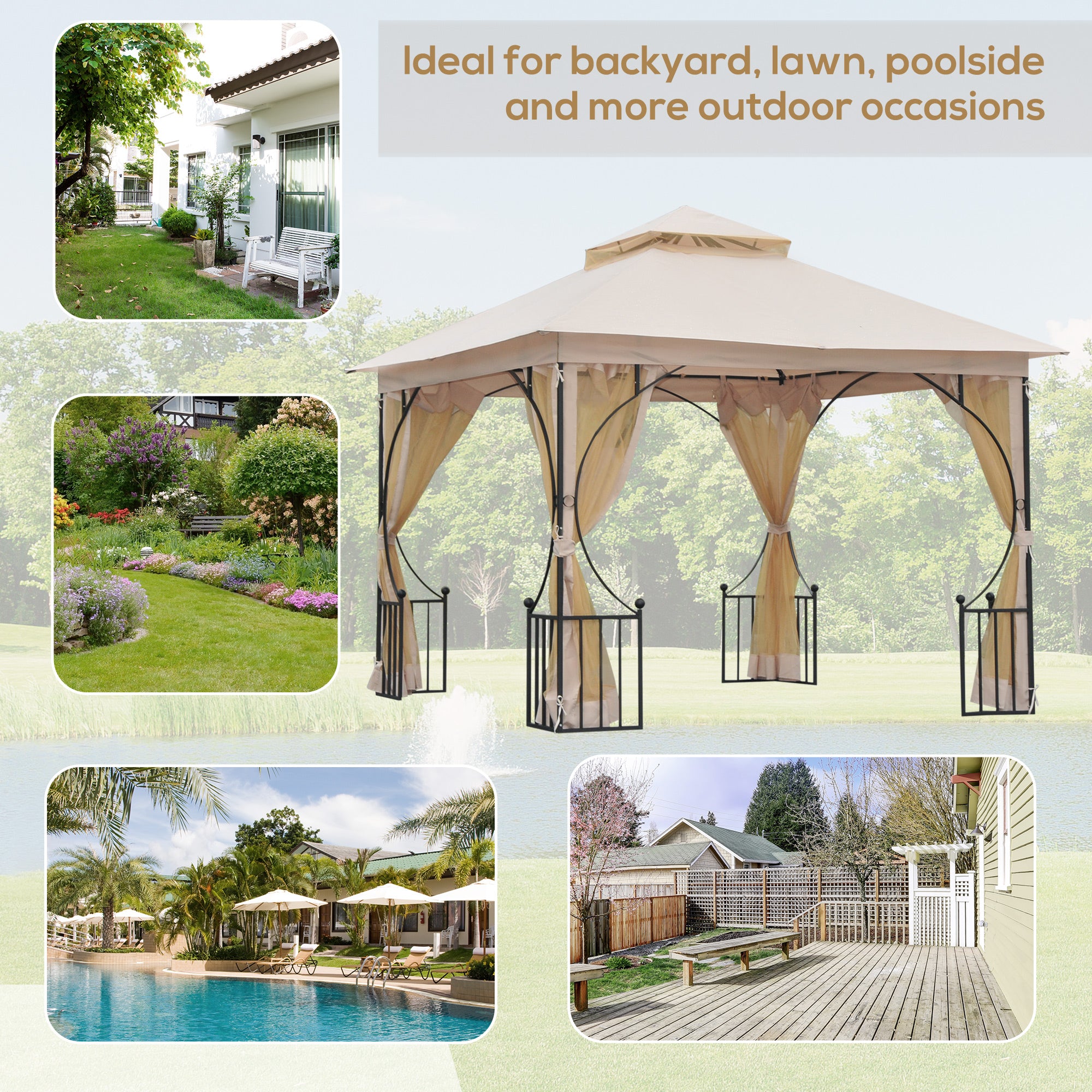 Outsunny 3 x 3(m) Garden Gazebo Patio Party Tent Shelter Outdoor Canopy Double Tier Sun Shade Metal Frame Netting, Beige