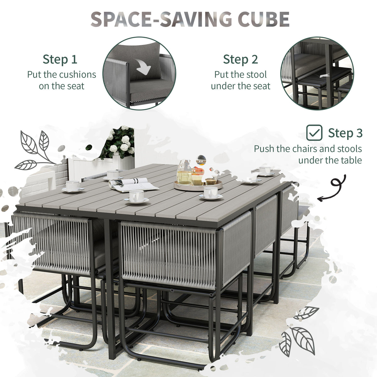 Outsunny 10 Seater Rattan Cube Garden Furniture Set, Rattan Dining Set with Cushions, Outdoor Dining Table and Chairs with 6 Armchairs, 4 Stools, Rectangular Wood Grain Plastic Top Table, Grey