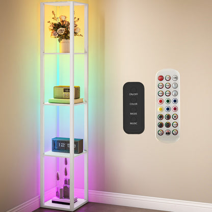 RGB LED Floor Lamp with Shelves, Modern Dimmable Standing Lamp with Remote Control, Adjustable Brightness & Speed for Living Room, Bedroom, Office, White