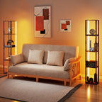 RGB LED Floor Lamp with Shelves, Modern Dimmable Standing Lamp with Remote Control, Adjustable Brightness & Speed for Living Room, Bedroom, Office, Rustic Brown