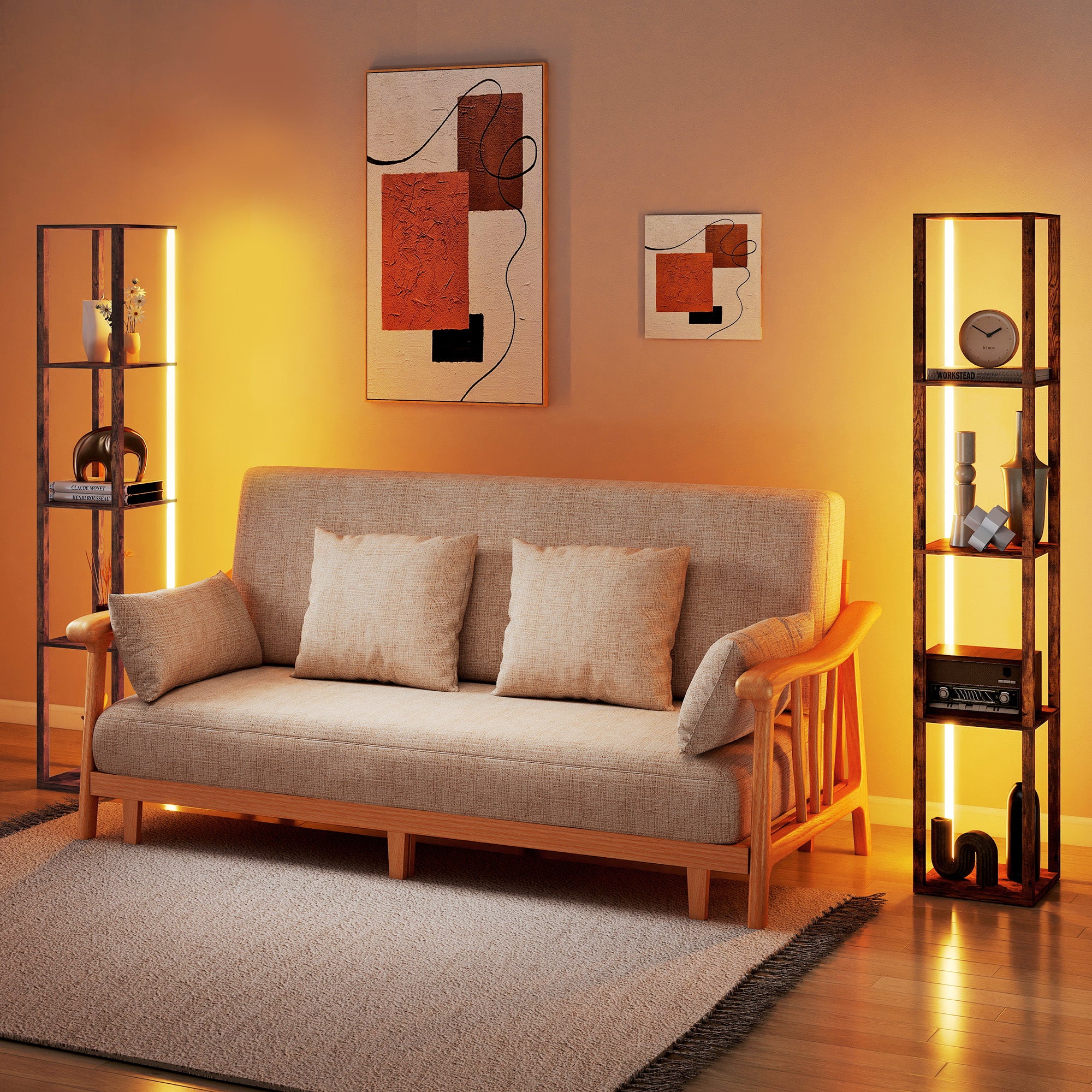 RGB LED Floor Lamp with Shelves, Modern Dimmable Standing Lamp with Remote Control, Adjustable Brightness & Speed for Living Room, Bedroom, Office, Rustic Brown