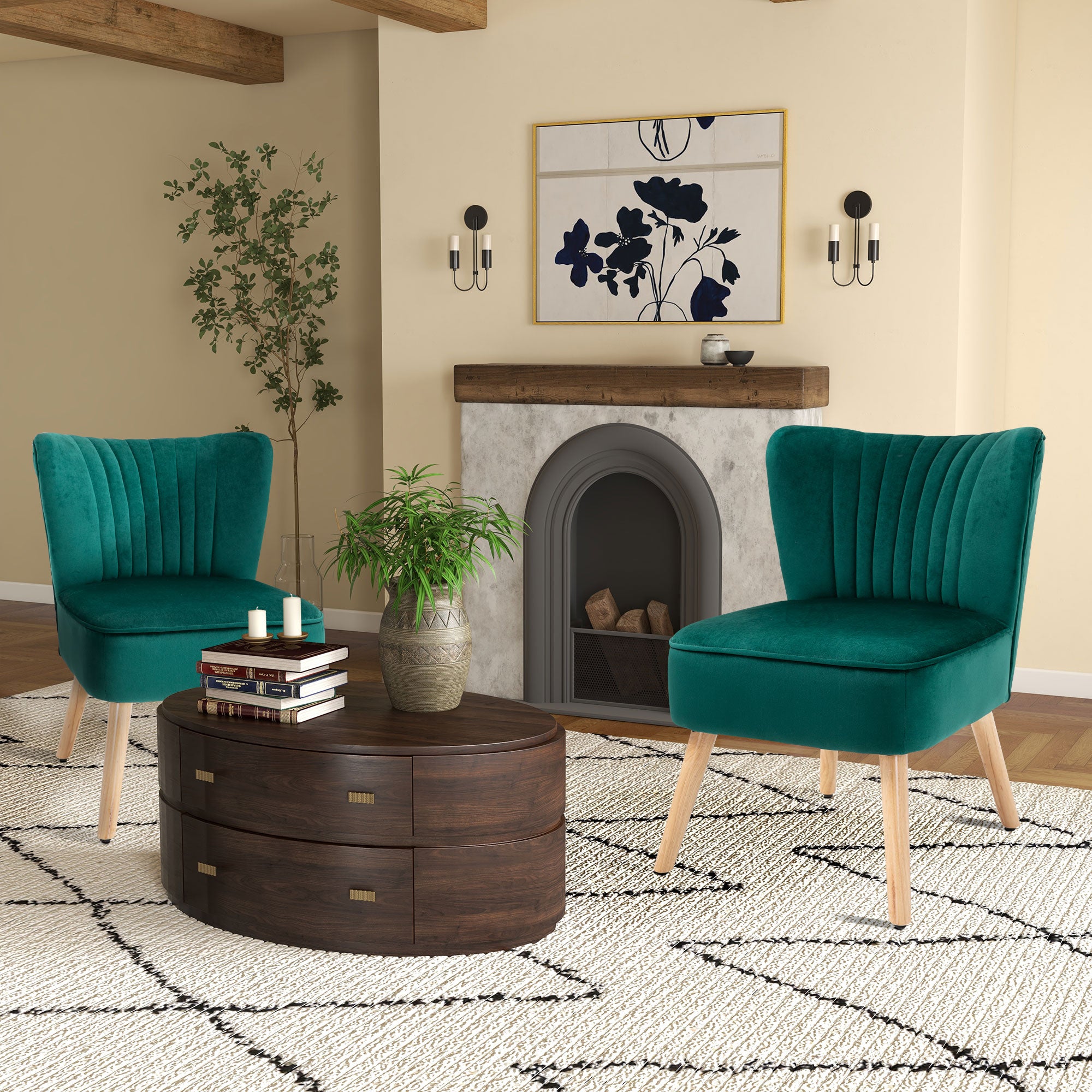 HOMCOM Velvet Accent Chair Occasional Tub Seat Padding Curved Back with Wood Frame Legs Home Furniture for Bedroom Living Room Set of 2 Green