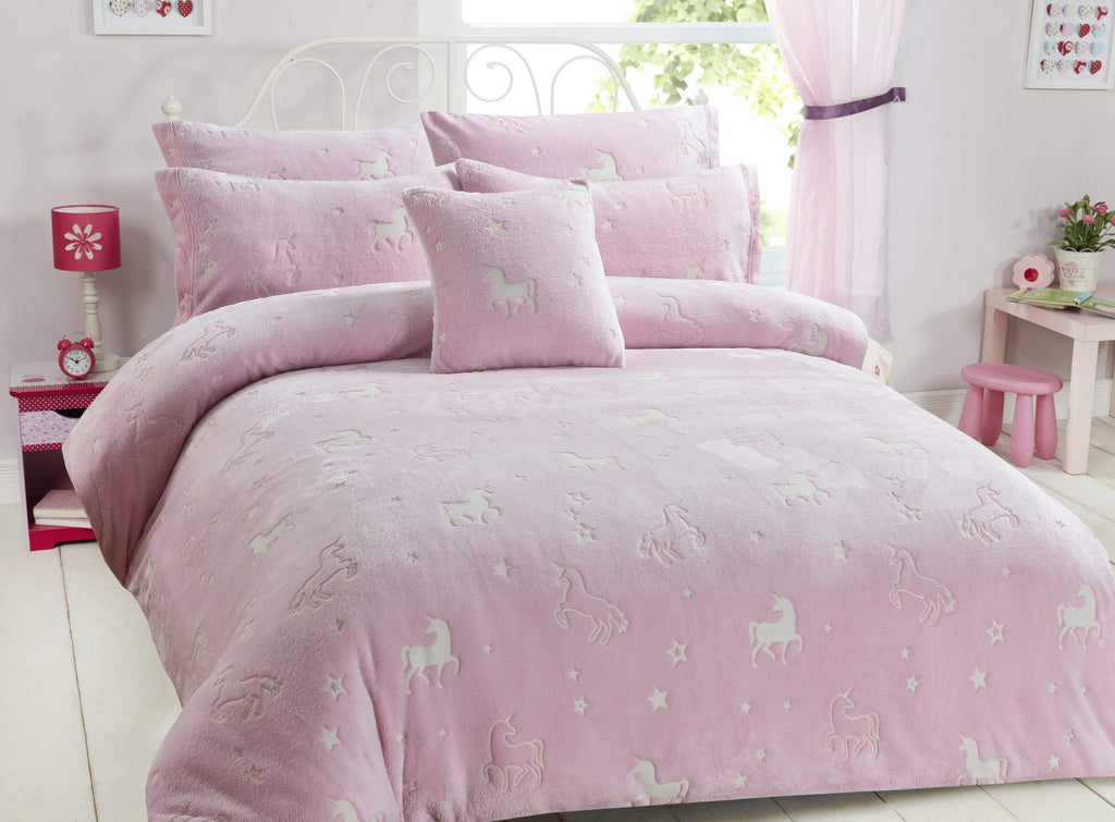 Unicorn Glow in the Dark Teddy Fleece Duvet Set for Kids Girls Magical Bedtime Bedding Warm and Cosy OEKO-TEX Certified Pink by OLIVIA ROCCO