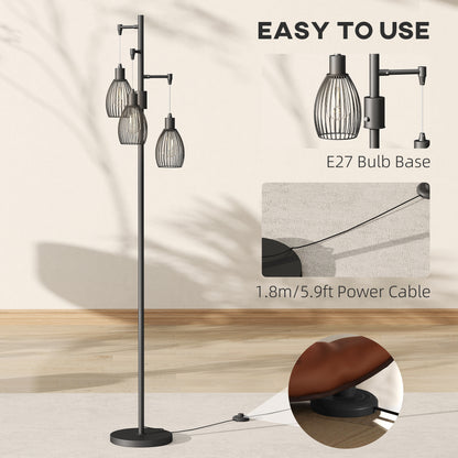 3-Light LED Floor Lamp, 170cm Industrial Dimmable Standing Lamp with Steel Wire Cage Lampshades, 2700K for Living Room, Bedroom, Dining Room, Study, Black