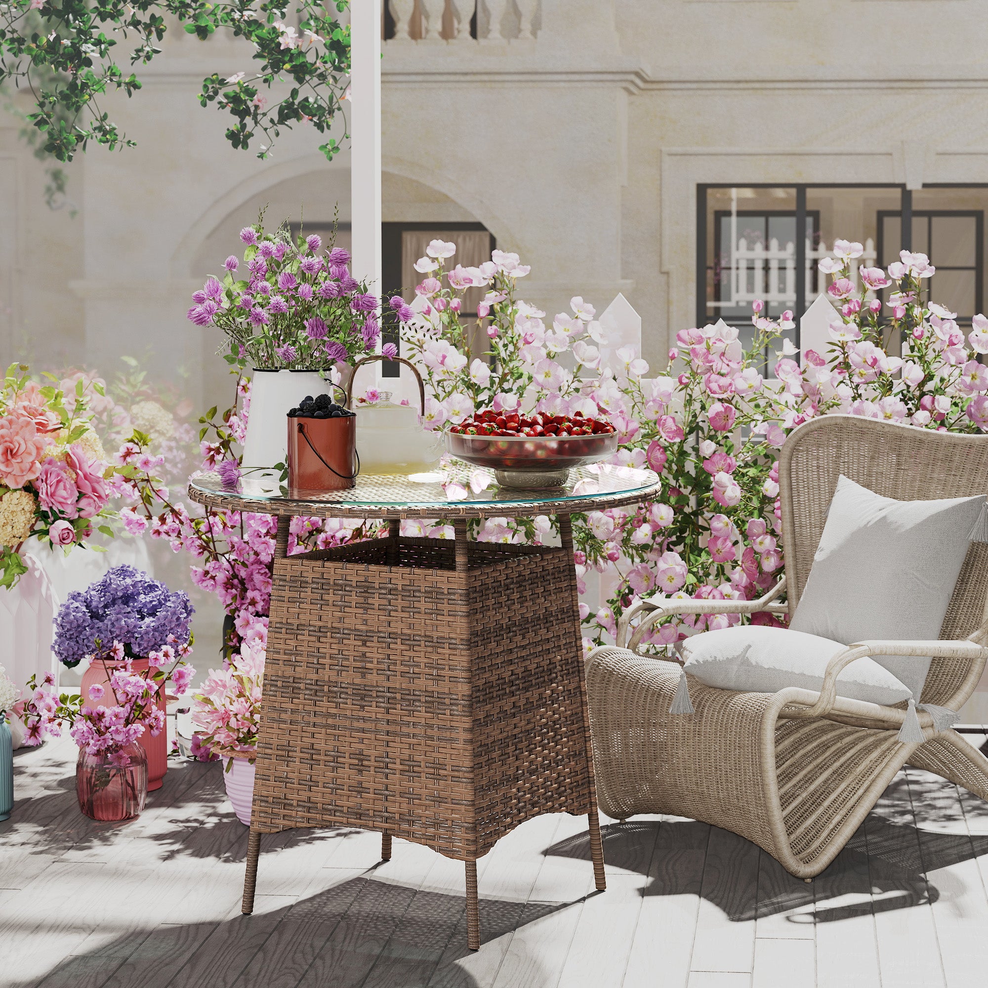 Outsunny Wicker Garden Rattan Table, Patio Furniture Outdoor Coffee Table with Umbrella Hole and Tempered Glass Top, Brown