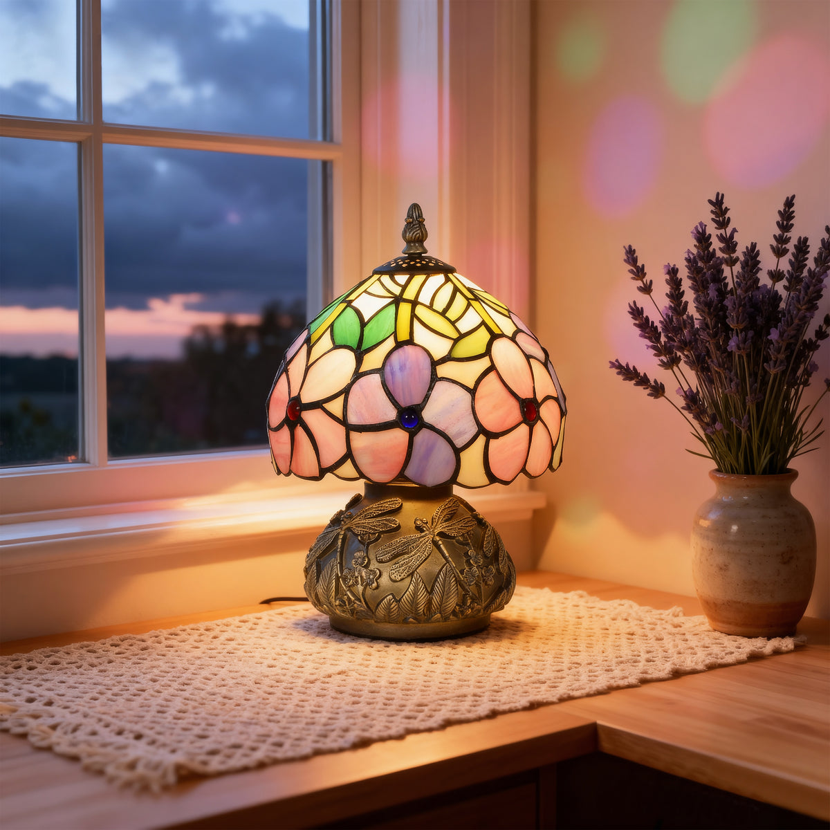 Tiffany-Style Table Lamp with Sculpted Dragonfly Base, Handcrafted Classic Stained Glass Bedside Lamp for Living Room and Bedroom, E27 Socket, Pink