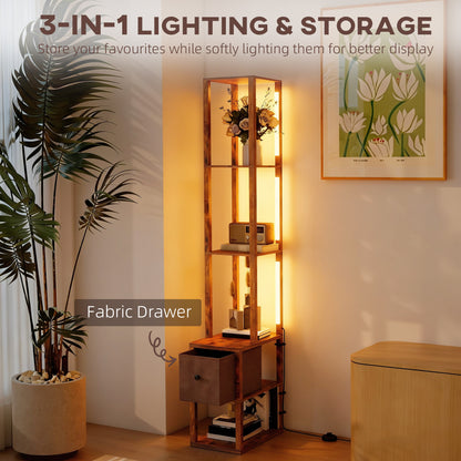 Floor Lamp with Shelves, LED Column Modern Standing Lamp with Fabric Drawer, Adjustable Brightness, Foot Switch for Living Room, Bedroom, Office, Rustic Brown