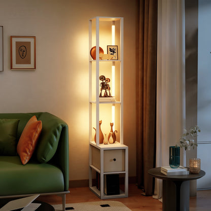 Floor Lamp with Shelves, LED Column Modern Standing Lamp with Fabric Drawer, Adjustable Brightness, Foot Switch for Living Room, Bedroom, Office, White