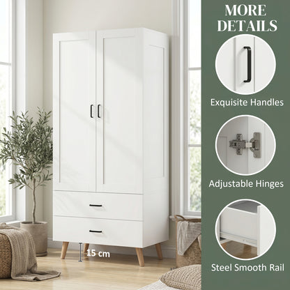 2-Door Wardrobe, Modern Wardrobe with 2 Drawers and Hanging Rail for Bedroom, White