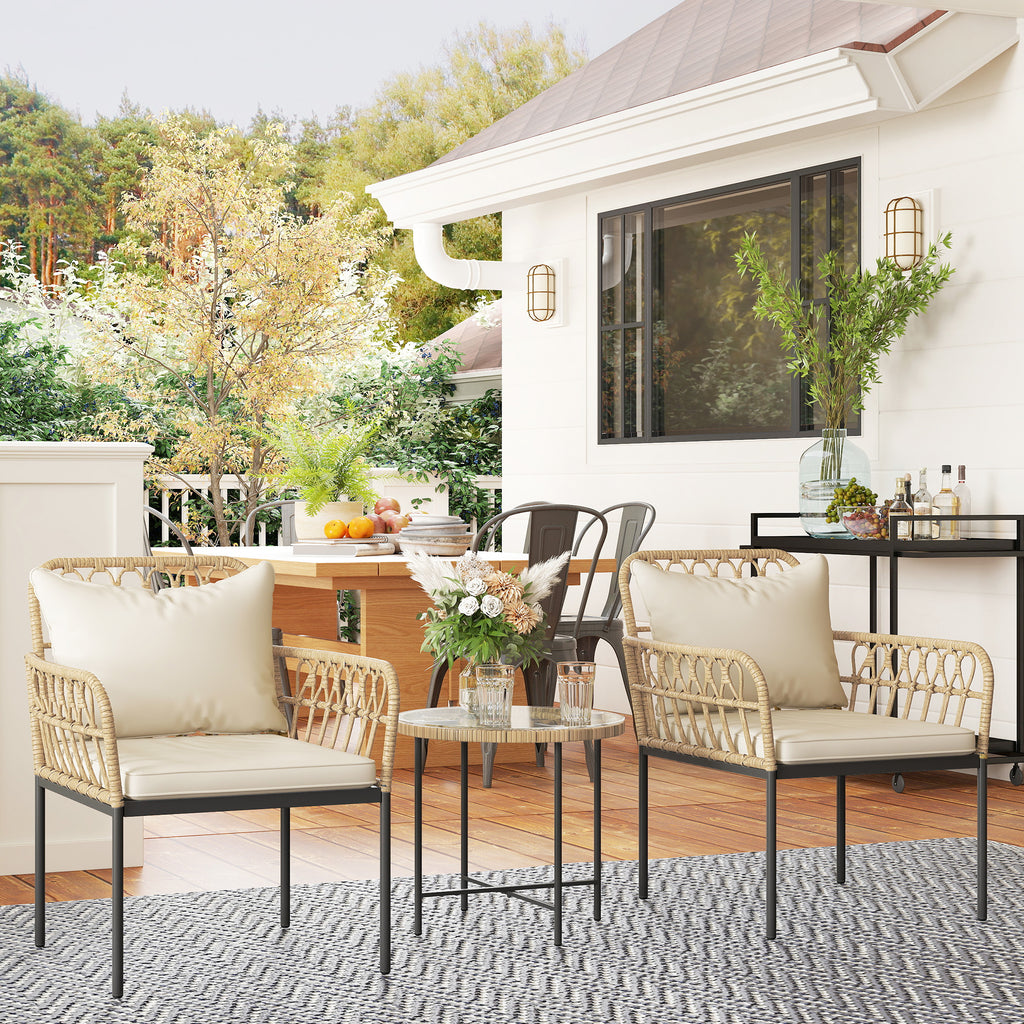 Outsunny 3 Piece Rattan Bistro Set, Wicker Garden Furniture Set with Cushions, Glass Top Coffee Table and Chairs for Outdoor, Patio, Balcony, Beige