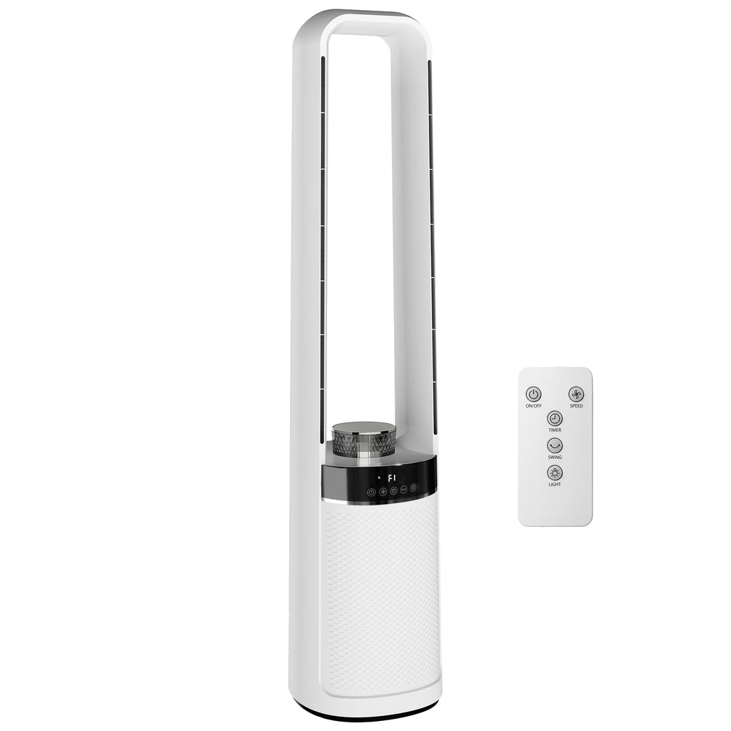 Bladeless Tower Fan, 36dB Standing Cooling Fan with Oscillating, LED Lights, 3 Speeds, 12H Timer, Remote Control