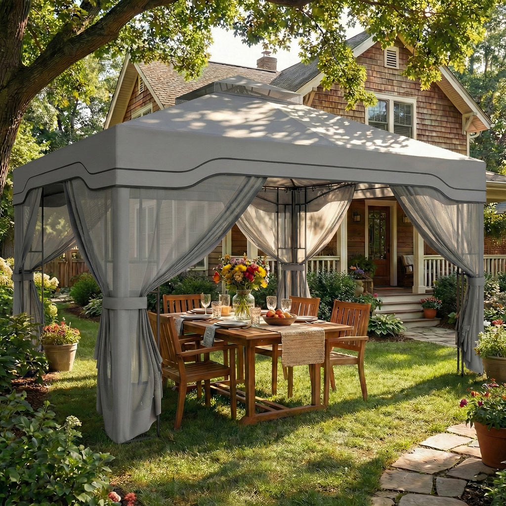 Outsunny 3 x 3.6 m Outdoor Garden Gazebo with Post Shelves, UPF50+ Patio Permanent Pavilion with Hook, Dark Grey