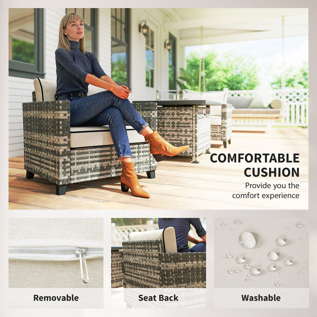 Outsunny 5-Piece Rattan Patio Furniture Set with Gas Fire Pit Table, Loveseat Sofa, Armchairs, Cushions, Pillows, Grey