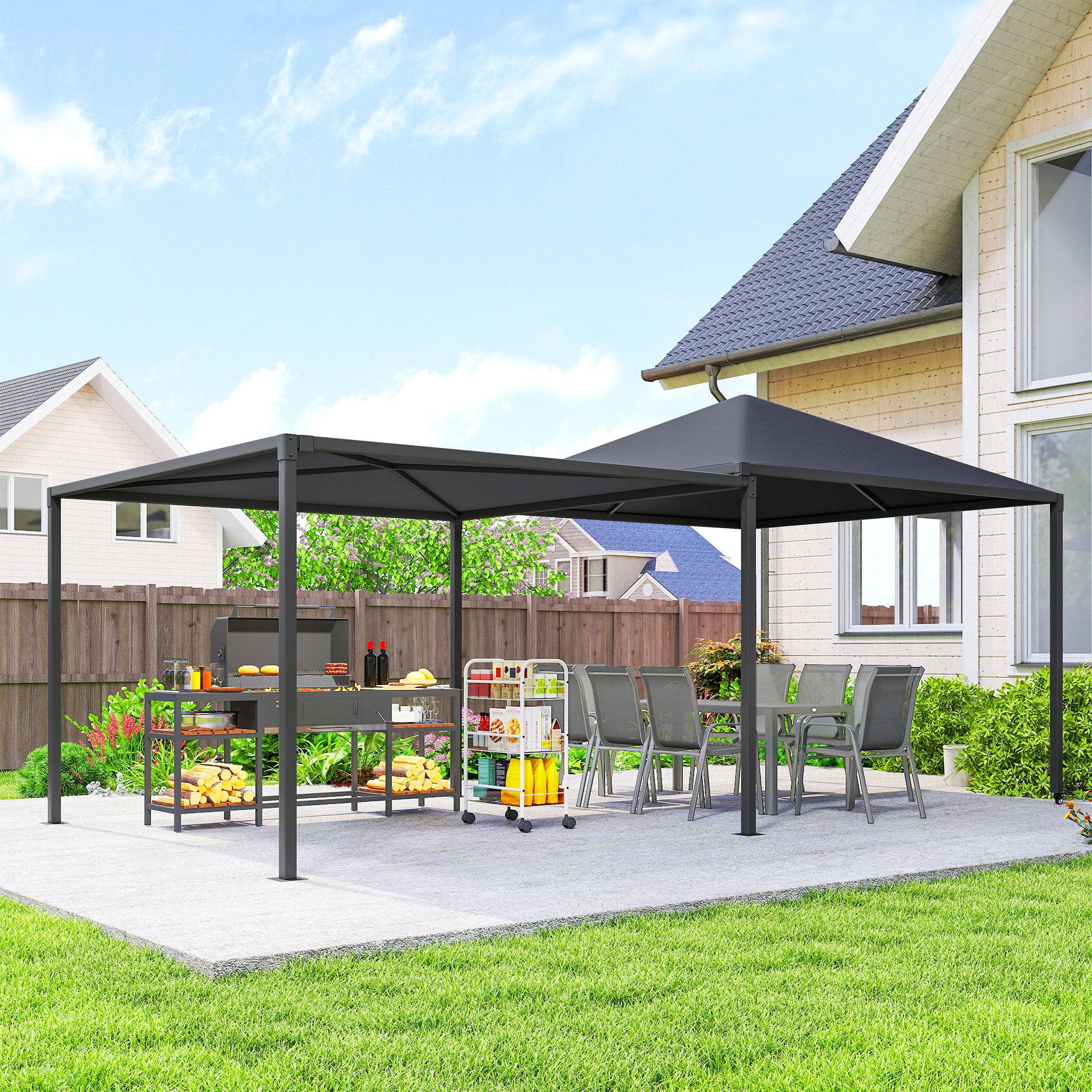Outsunny 3 x 6m Garden Gazebo with Extendable Awning and Wheels, UPF30+ Metal Gazebo Canopy Shelter for BBQ, Dark Grey