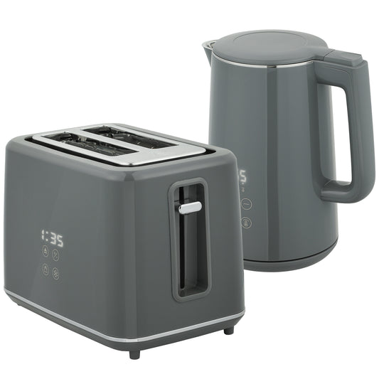 Digital Stainless Steel Kettle and Toaster Set, 1.5L 3000W Fast Boil Kettle, 2 Slice Toaster with 7 Level Browning Controls, Defrost, Reheat, Keep Warm, Crumb Tray and LED Touch Display, Grey
