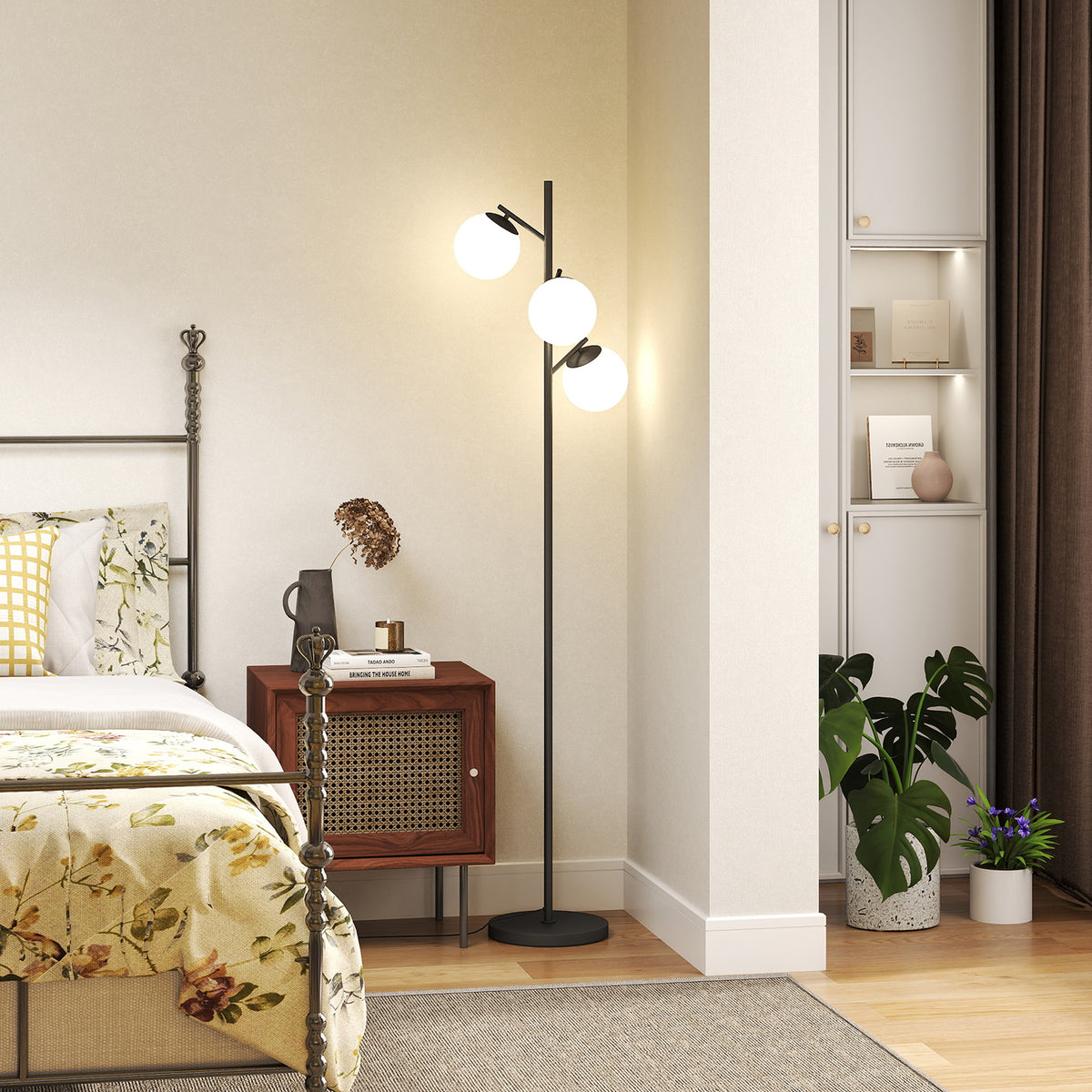 3-Light Tree Floor Lamps for Living Room, Modern Standing Lamp for Bedroom with Globe Lampshade, Steel Base, Bulb not Included, Black