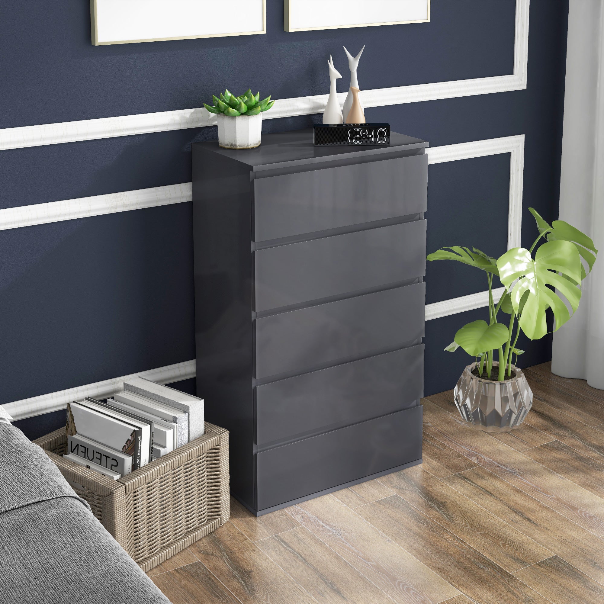 HOMCOM 5-Drawer Modern Dresser, High Gloss Storage Drawer Unit for Bedroom, Grey
