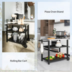Outsunny Outdoor Grill Dining Cart 3-Shelf Movable Pizza Oven Table Stand with Stainless Steel Top, Portable BBQ Trolley Food Prep Outdoor Kitchen Barbecue Station with Hooks Wheels, Charcoal Grey