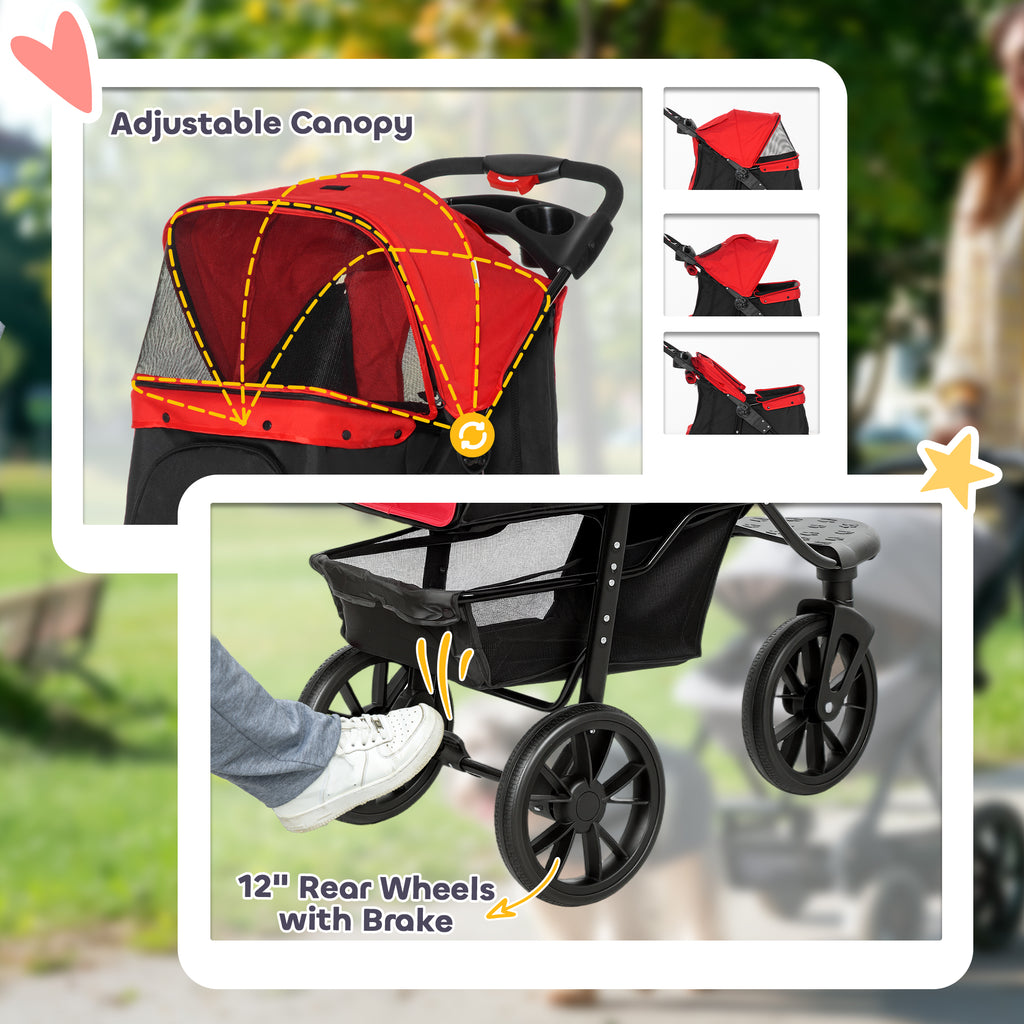 PawHut Dog Stroller Foldable Pet Pram, 3 Wheels Dog Pushchair with Brake, for Small Miniature Breeds, Cats, Red