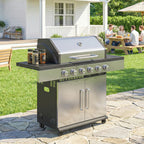 Outsunny 6 Burner Liquid Propane Gas BBQ Grill, Outdoor Portable Gas Barbecue Grill with Warming Rack, Side Tables, Cabinet