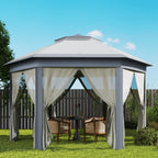 Outsunny 3 x 4m Metal Frame Hexagon Gazebo, with Curtains - Grey