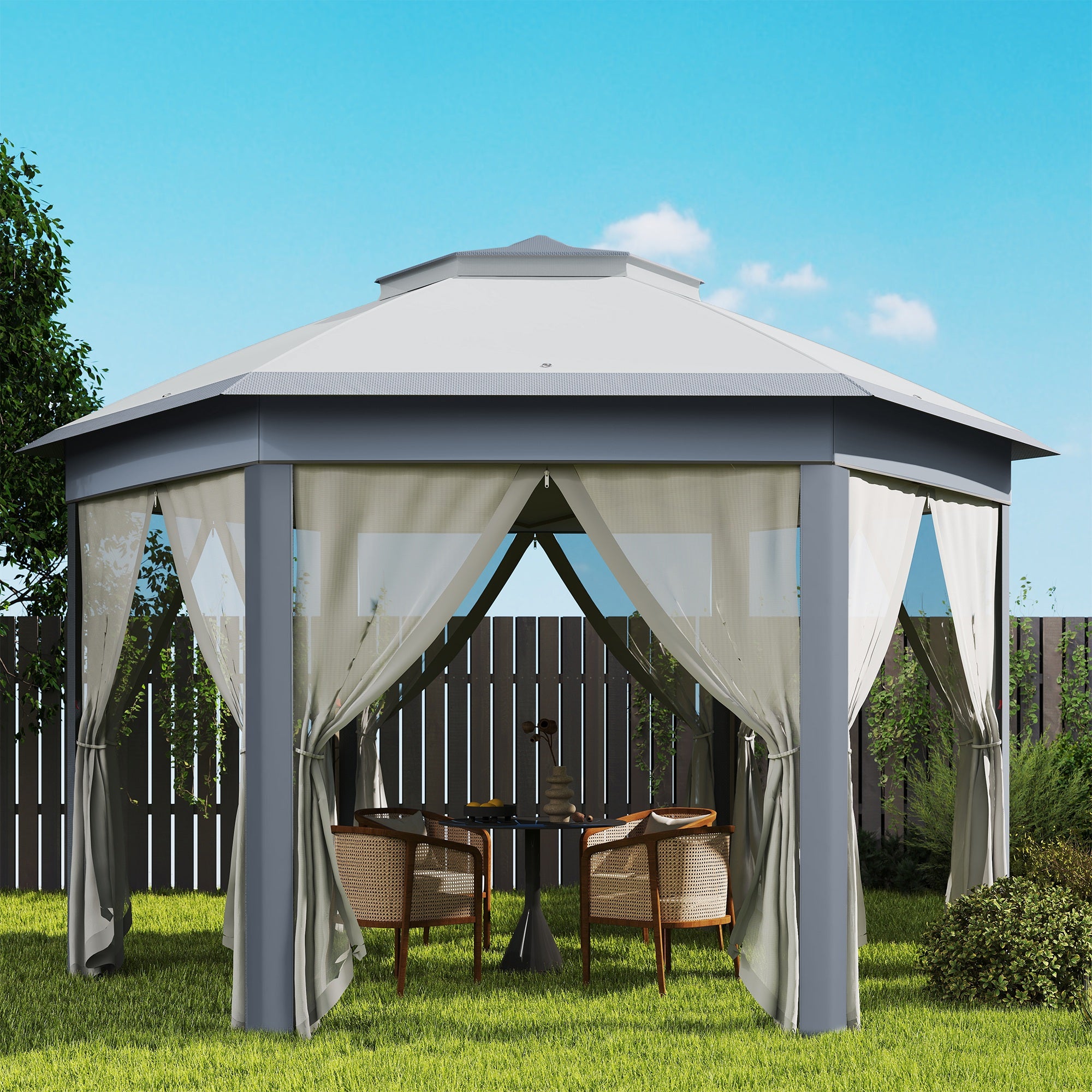 Outsunny 3 x 4m Metal Frame Hexagon Gazebo, with Curtains - Grey