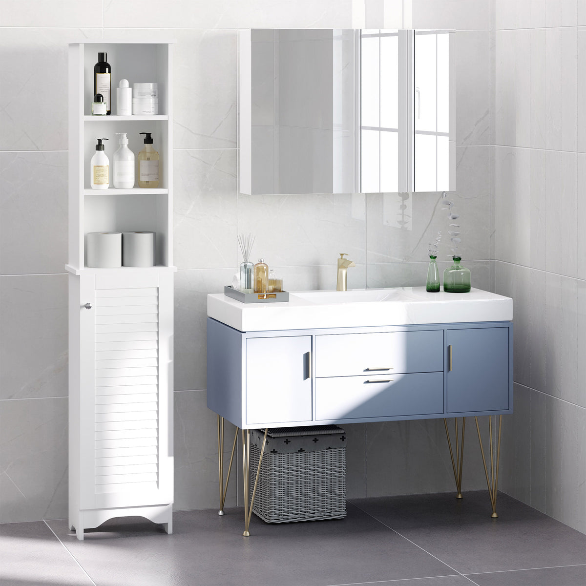 Tall Bathroom Cabinet, Freestanding Slim Bathroom Storage Unit with Adjustable Shelves and Shutter Door, Floor Storage Cupboard with 6 Shelves, 165H x 34W x 20D cm, White