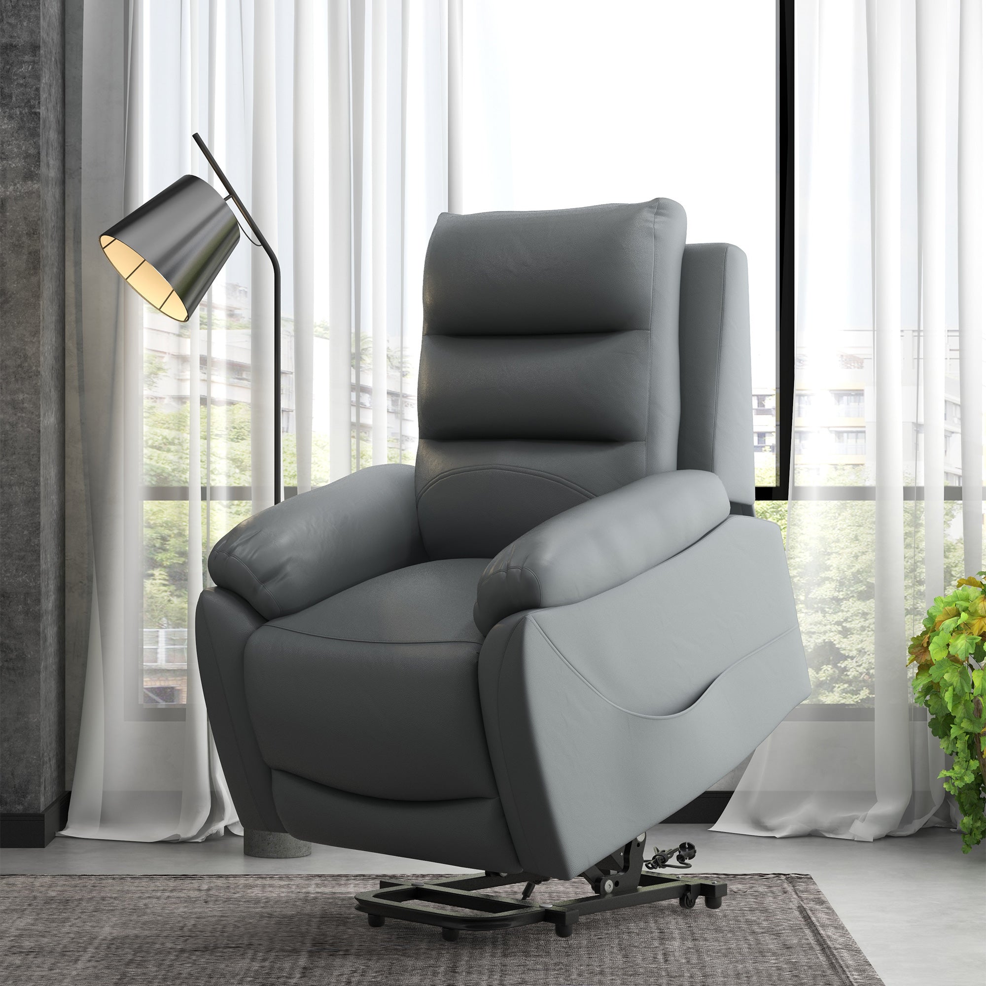 HOMCOM Electric Riser and Recliner with 8 Vibration Massage, PU Leather Power Lift Recliner Chair for Living Room with Side Pockets, Footrest, Grey