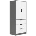 Modern Clothes Storage Cupboard Unit, 3 Drawer 2 Door Wardrobe with Hanging Rod, Grey