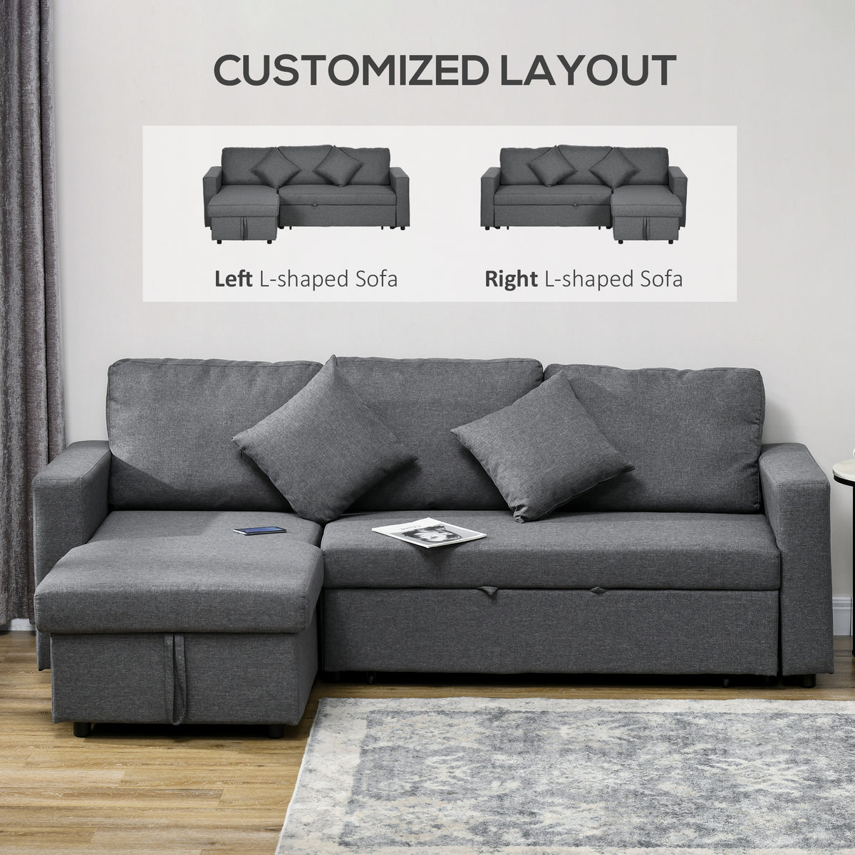 3 Seater Sofa Bed with Storage, Delivered to Your Home for Free, Dark Grey