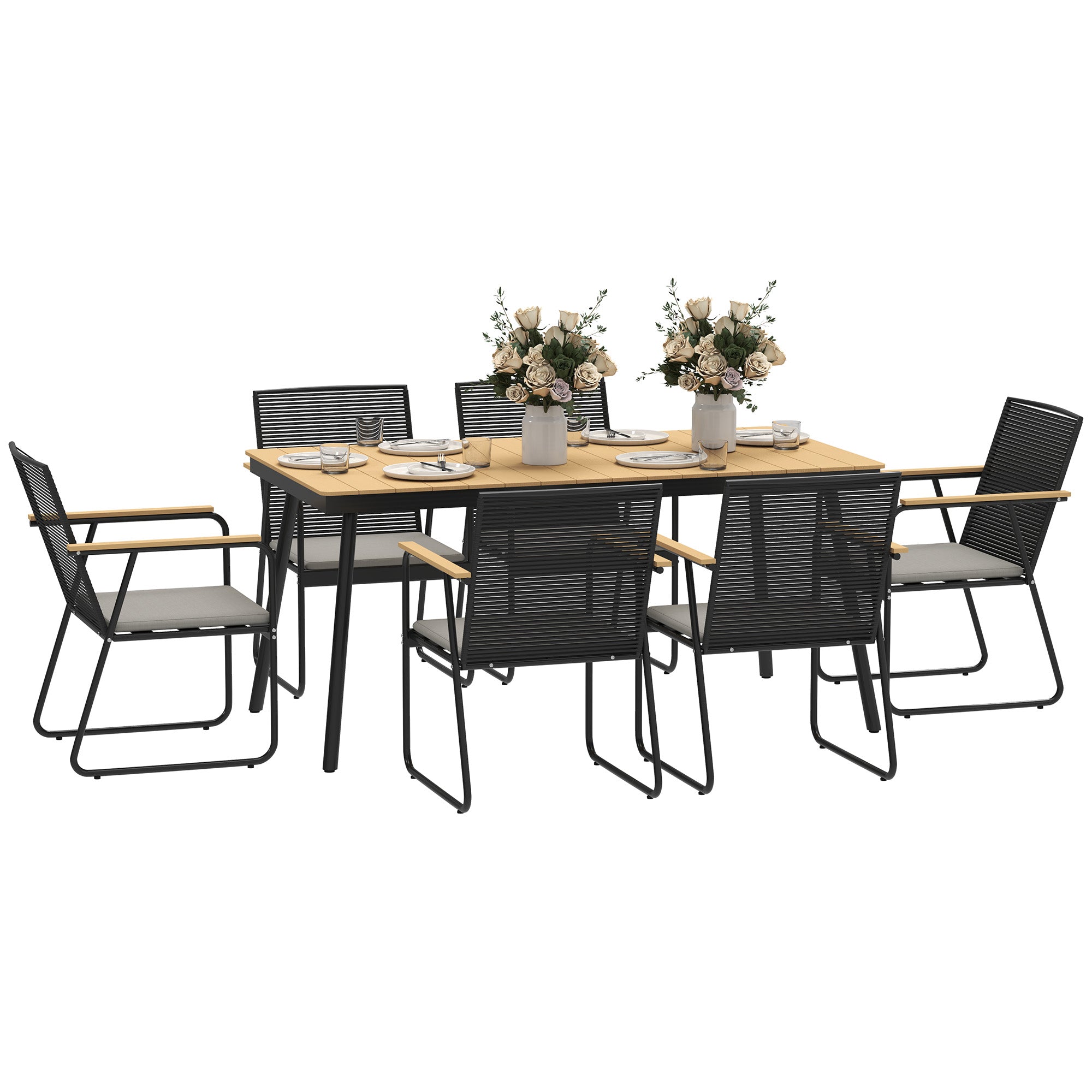 Outsunny 6 Seater Garden Dining Set with Soft Cushions, Rattan Backrest, Rectangular Plastic Top, Garden Furniture Set, Outdoor Dining Table and Chairs for Patio, Balcony, Poolside, Nature Wood Finish