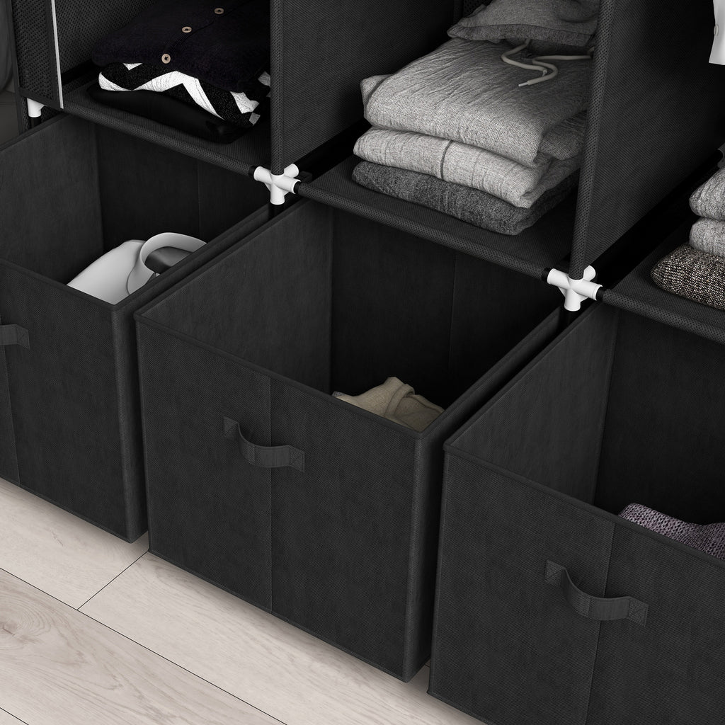 Foldable Fabric Wardrobe for Bedroom, Portable Wardrobe with 5 Shelves, 2 Hanging Rails and 3 Fabric Drawers, Black