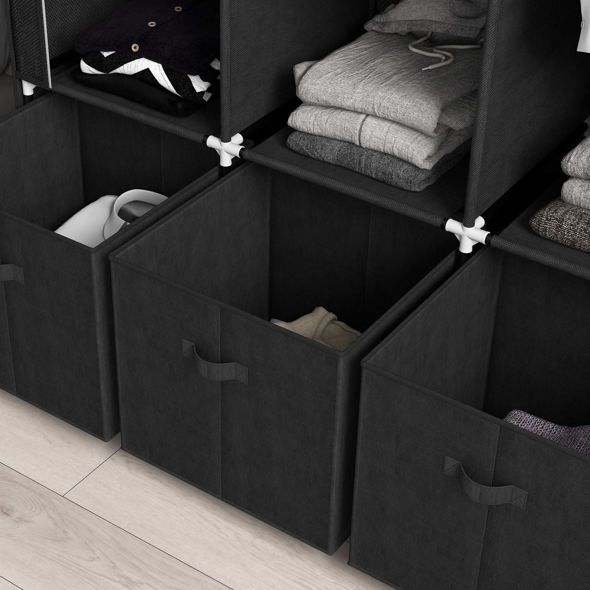 Foldable Fabric Wardrobe for Bedroom, Portable Wardrobe with 5 Shelves, 2 Hanging Rails and 3 Fabric Drawers, Black