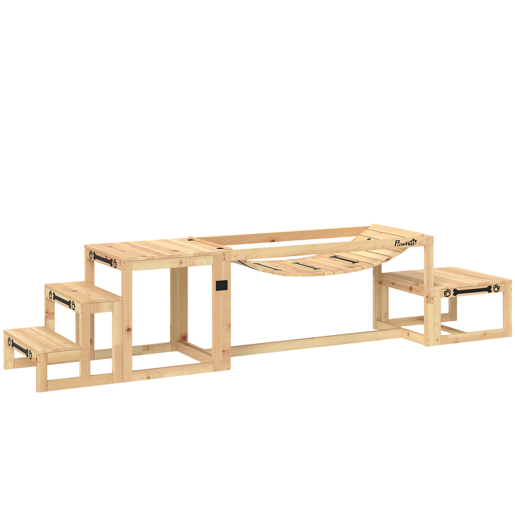 PawHut 3 Pieces Wooden Dog Agility Training Equipment with Soft Bridge, Pause Platform and Pet Stair for Outdoor, Natural Wood