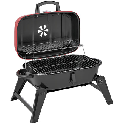 Outsunny Charcoal Barbecue Grill Folding Portable BBQ Grill for Camping with 1232 cm² Cooking Area, Adjustable Vent, Thermometer, Handles for Picnic, 59 x 37 x 36 cm, Red