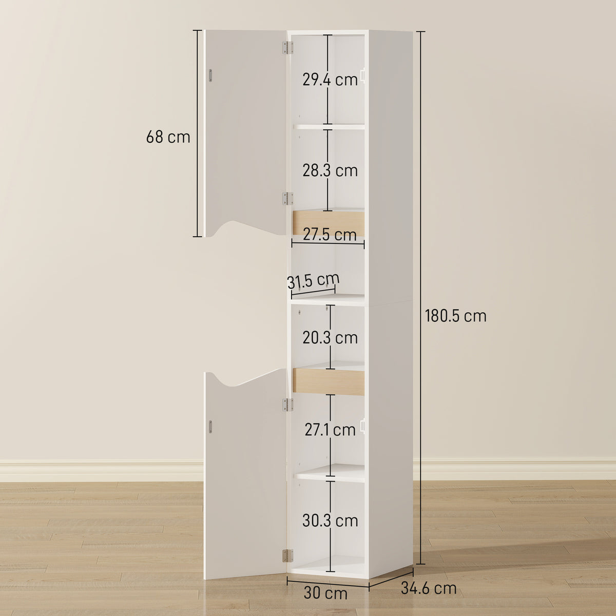 Tall Slim Bathroom Cabinet with 2 Doors, 2 Shelves - White