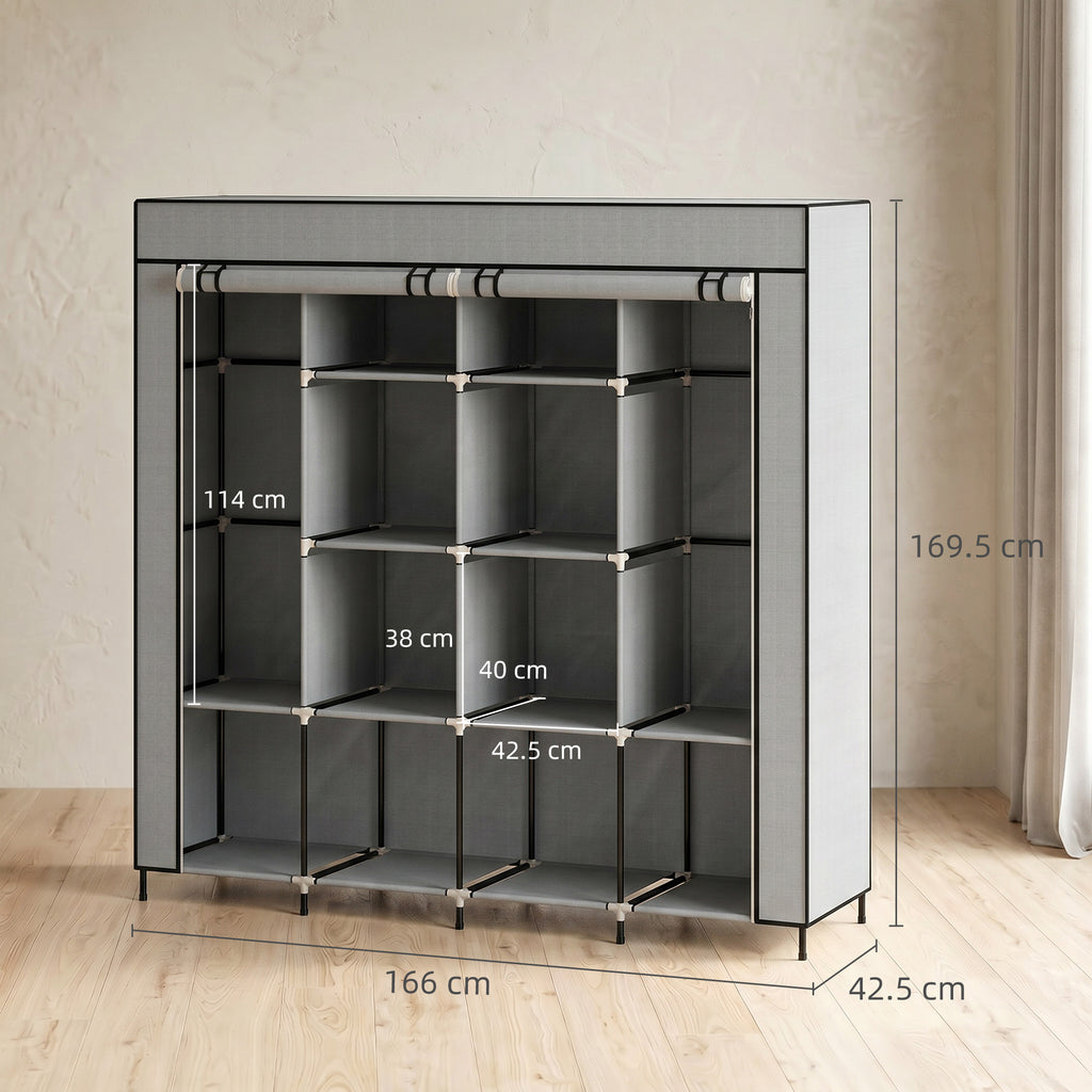 Fabric Wardrobe for Bedroom, Portable Cloth Wardrobe with 10 Compartments, 2 Hanging Rails and 4 Fabric Drawers, 166 x 42.5 x 169.5cm, Dark Grey