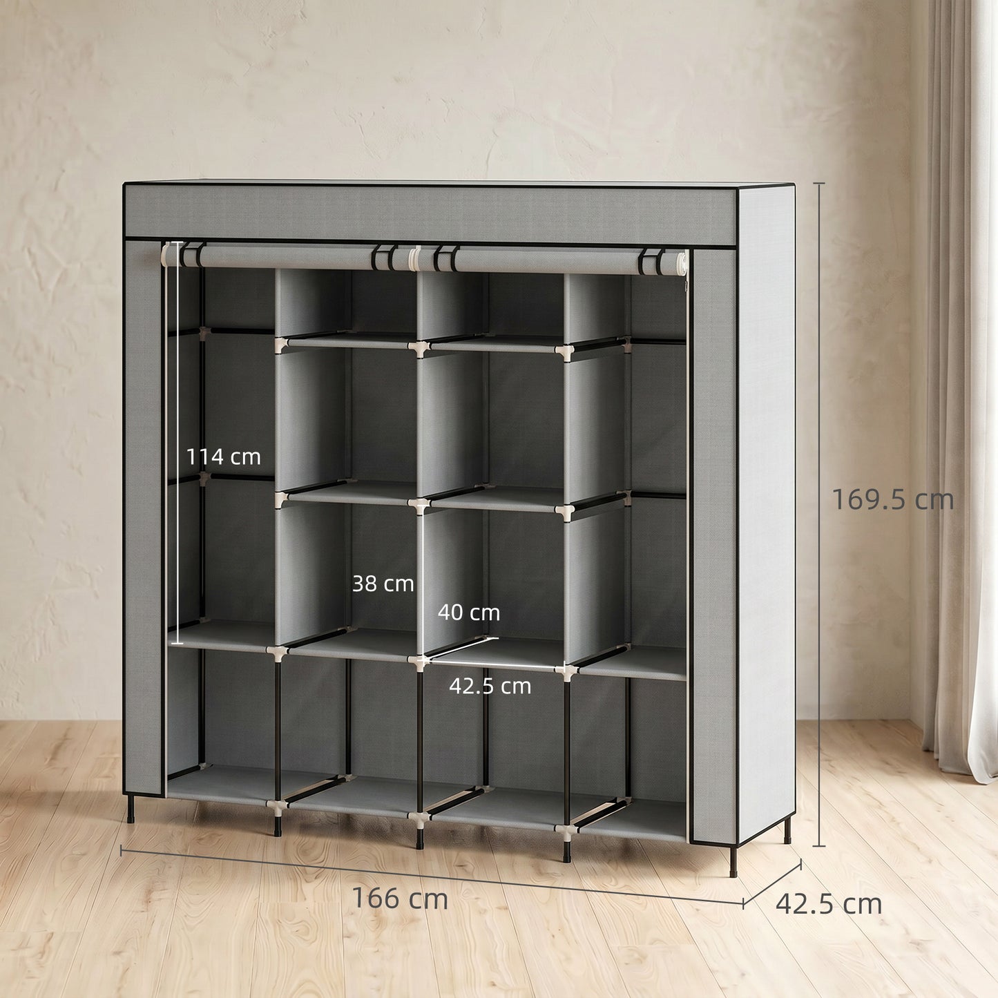 Fabric Wardrobe for Bedroom, Portable Cloth Wardrobe with 10 Compartments, 2 Hanging Rails and 4 Fabric Drawers, 166 x 42.5 x 169.5cm, Dark Grey