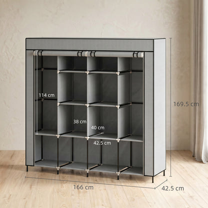 Fabric Wardrobe for Bedroom, Portable Cloth Wardrobe with 10 Compartments, 2 Hanging Rails and 4 Fabric Drawers, 166 x 42.5 x 169.5cm, Dark Grey