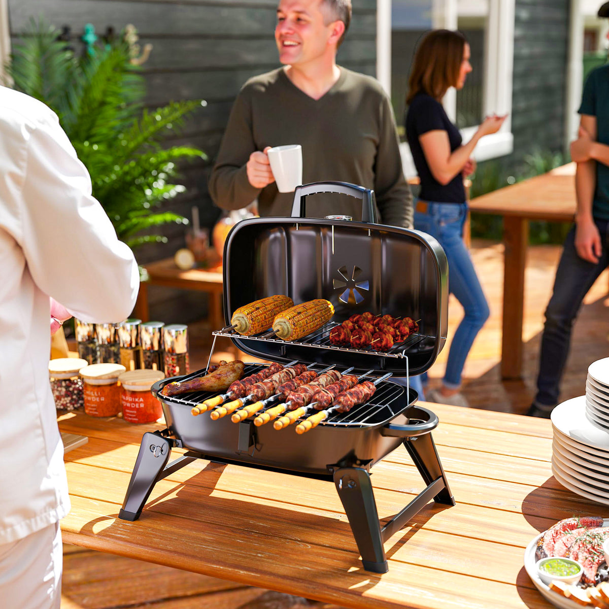 Outsunny Charcoal Barbecue Grill Folding Portable BBQ Grill for Camping with 1232 cm² Cooking Area, Adjustable Vent, Thermometer, Handles for Picnic, 59 x 37 x 36 cm, Black