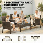 Outsunny 4 Piece Rattan Garden Furniture Sofa Set with Loveseat, Armchairs, Glass-Top Coffee Table and Cushions, Brown