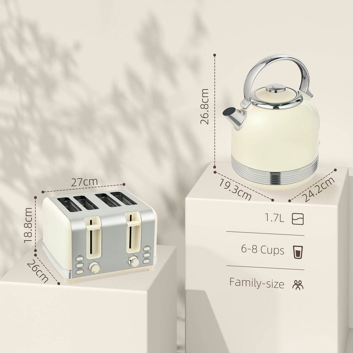Polished Stainless Steel Kettle and Toaster Set - Cream
