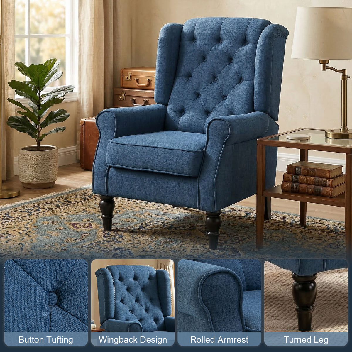 Wingback Accent Chair, Retro Upholstered Button Tufted Occasional Chair for Living Room and Bedroom, Blue