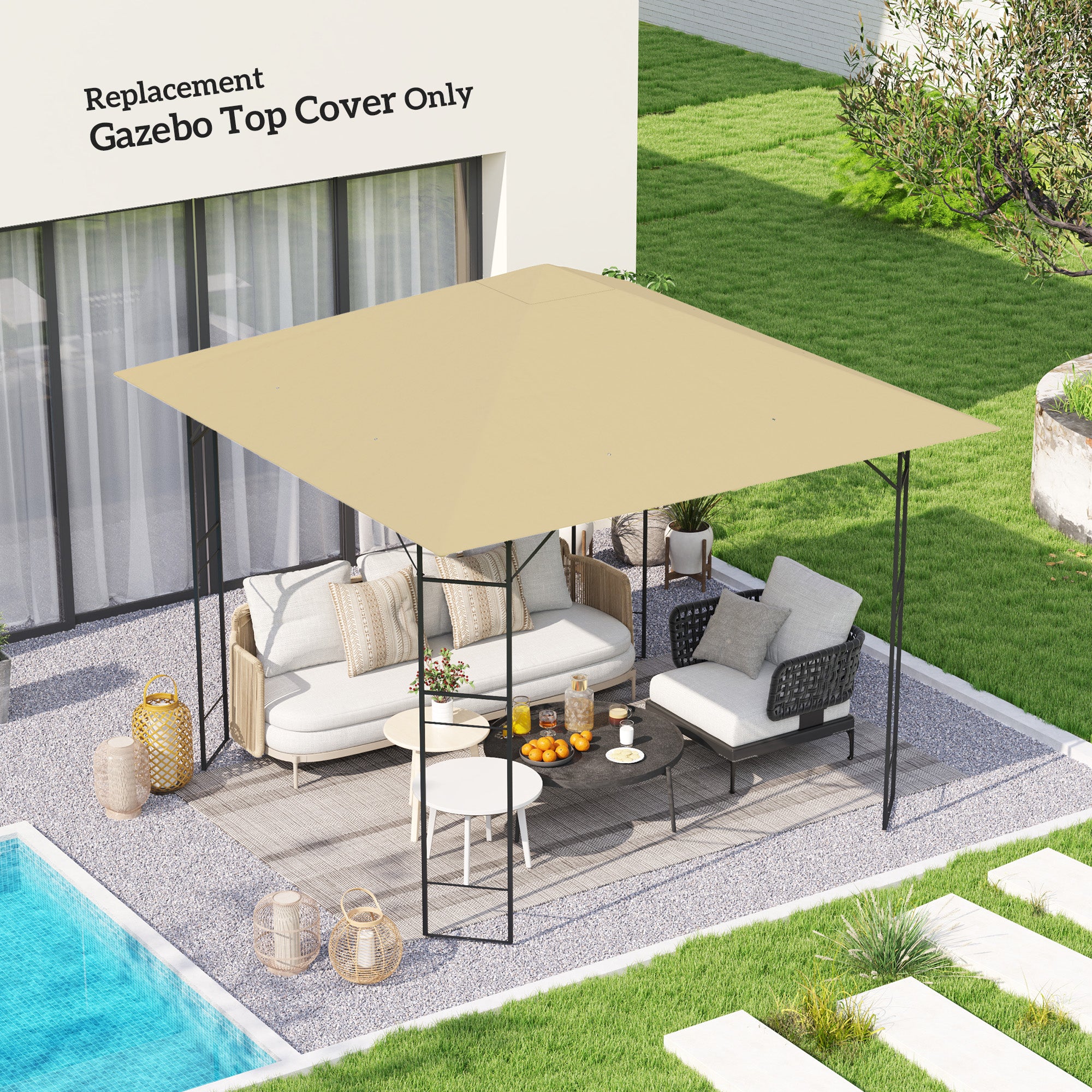 Outsunny 3 x 3(m) Gazebo Canopy Replacement Cover, Garden Gazebo Roof Replacement with Drain Holes, Water Resistant PVC Coating, 370g/?, UPF30+, TOP COVER ONLY, Beige