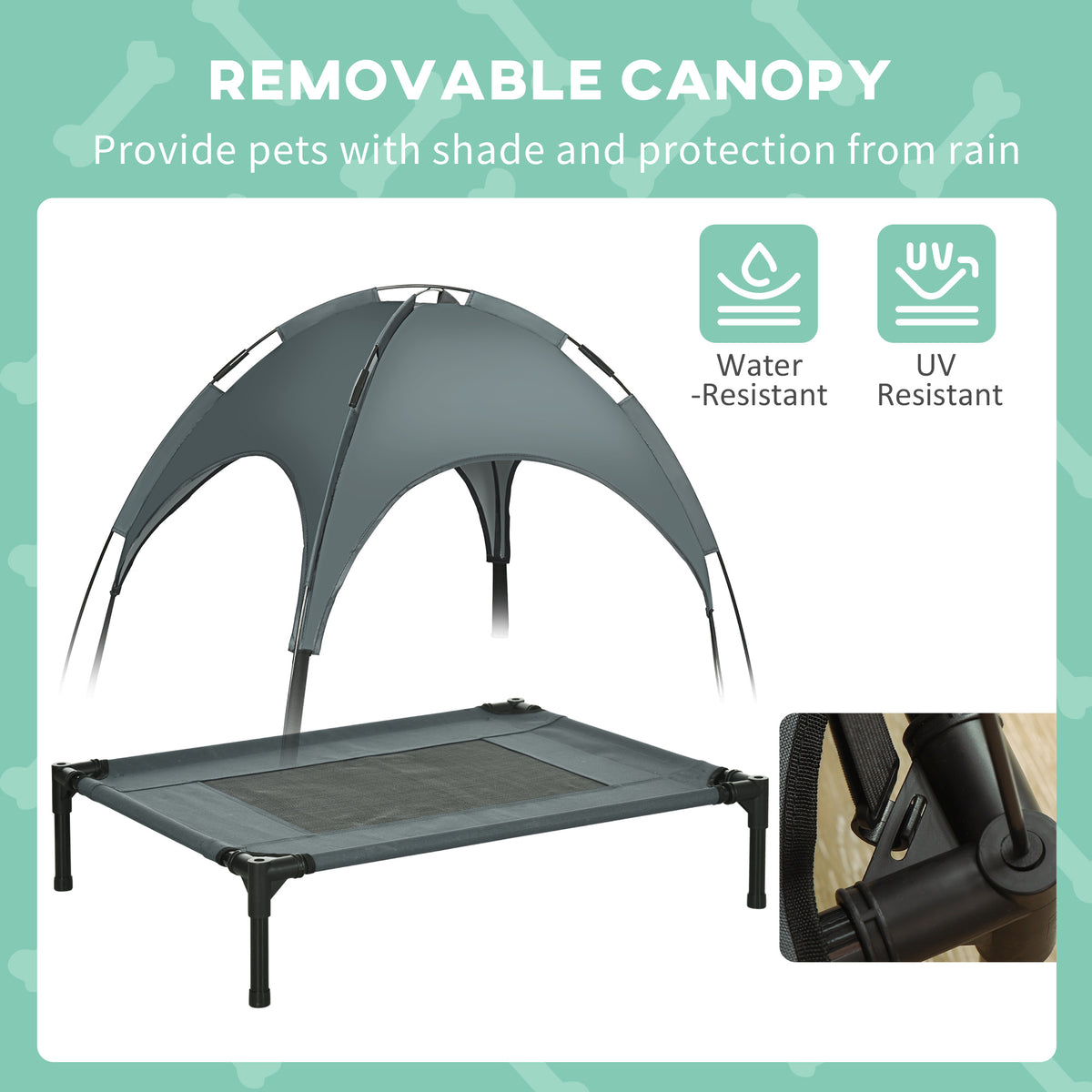 PawHut Outdoor Dog Bed with Removable Canopy, Portable Raised Dog Bed for Camping, Garden & Beach, Water-Resistant UV-Protection Mesh Pet Cot Sun Lounger, for Medium Pets, 76 x 61 x 73 cm, Grey