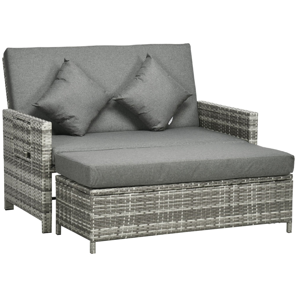 Outsunny Rattan Garden Daybed, Assembled Double Sun Lounger with 5-Level Adjustable Back, Storage Ottoman, Cushions, Pillows and Retractable Trays, Outdoor Loveseat Sofa Bed for Patio, Mixed Grey