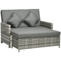Outsunny Rattan Garden Daybed, Assembled Double Sun Lounger with 5-Level Adjustable Back, Storage Ottoman, Cushions, Pillows and Retractable Trays, Outdoor Loveseat Sofa Bed for Patio, Mixed Grey