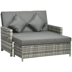 Outsunny Rattan Garden Daybed, Assembled Double Sun Lounger with 5-Level Adjustable Back, Storage Ottoman, Cushions, Pillows and Retractable Trays, Outdoor Loveseat Sofa Bed for Patio, Mixed Grey