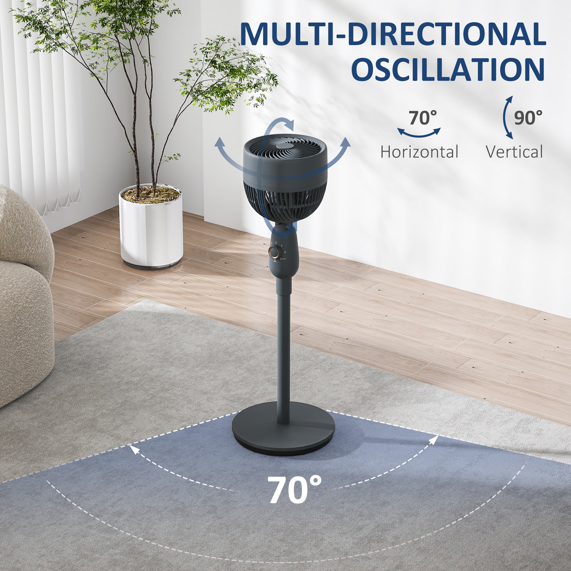 Pedestal Fan, Powerful Air Circulator, 36 Inch Floor Standing Fan with 3 Speed Settings, 70° Oscillating for Bedroom, Home and Office, Grey